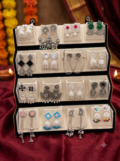 Antico 16 Pair Jaipuri Silver Oxidised Jhumki Earrings with Velvet box for Women. Diamond, Pearl, Beads Brass, Alloy Stud Earring, Drops & Danglers, Jhumki Earring