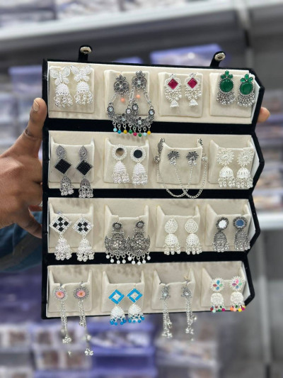 Antico 16 Pair Jaipuri Silver Oxidised Jhumki Earrings with Velvet box for Women. Diamond, Pearl, Beads Brass, Alloy Stud Earring, Drops & Danglers, Jhumki Earring